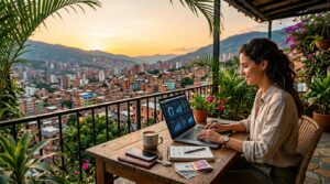 Pessoa trabalhando remotamente em uma cidade da América Latina, representando cidades para nômades digitais em 2026