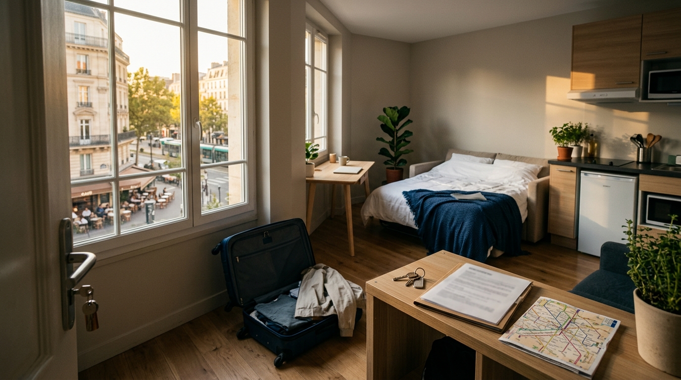 temporary housing abroad with furnished apartment keys luggage and city neighborhood view