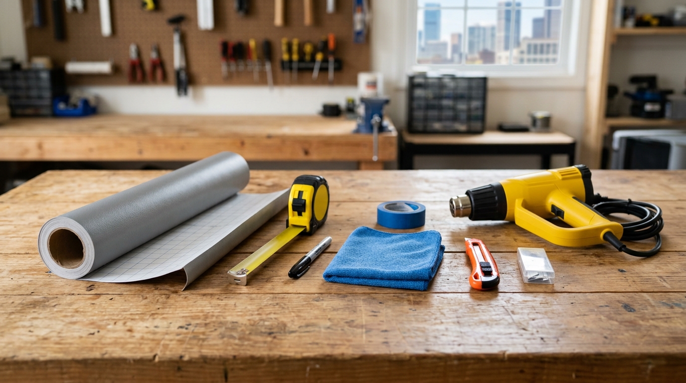 Kit básico de ferramentas para envelopamento com espátula, estilete, soprador térmico, trena e vinil adesivo